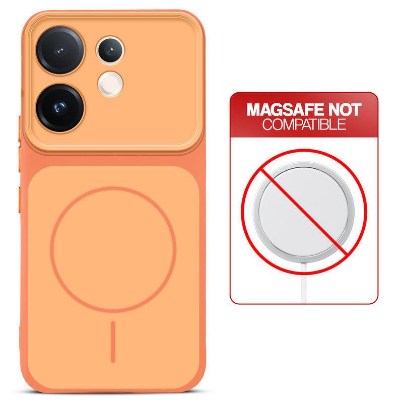 Dual tone silicone Orange phone cover for Vivo V60 5G showing wireless charging not supported notice
