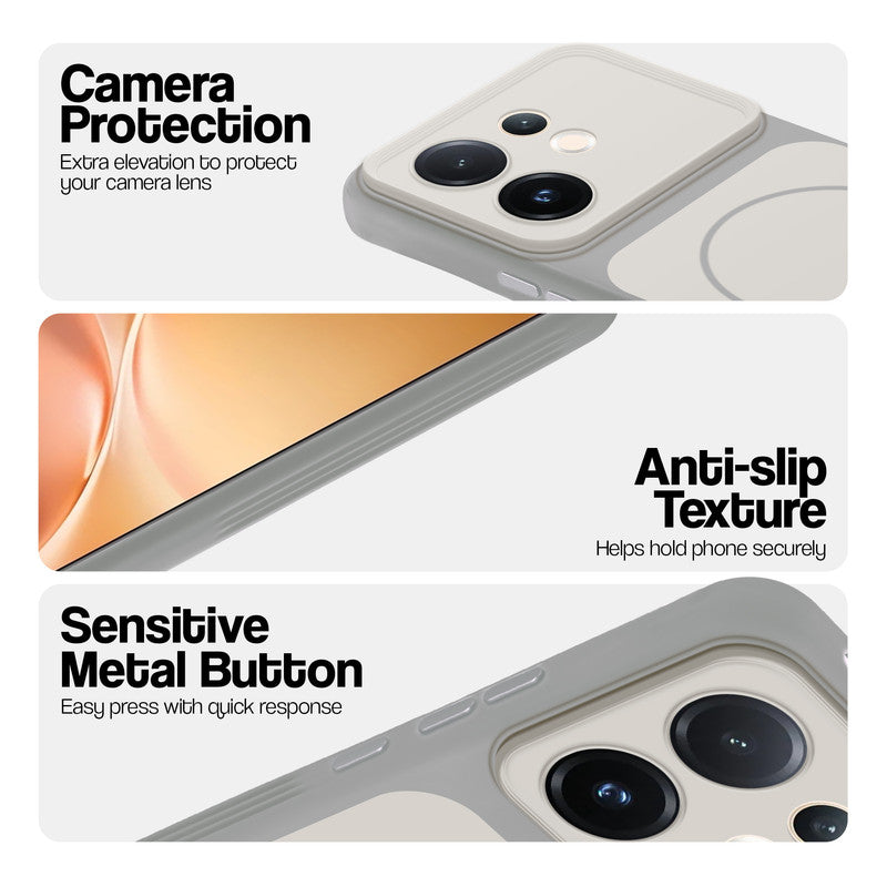 White Phone case for Vivo V60 5G highlighting raised camera protection, anti-slip texture, and responsive side buttons
