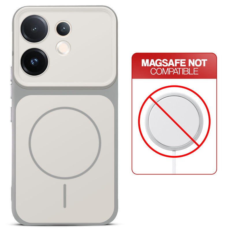 Dual tone silicone White phone cover for Vivo V60 5G showing wireless charging not supported notice