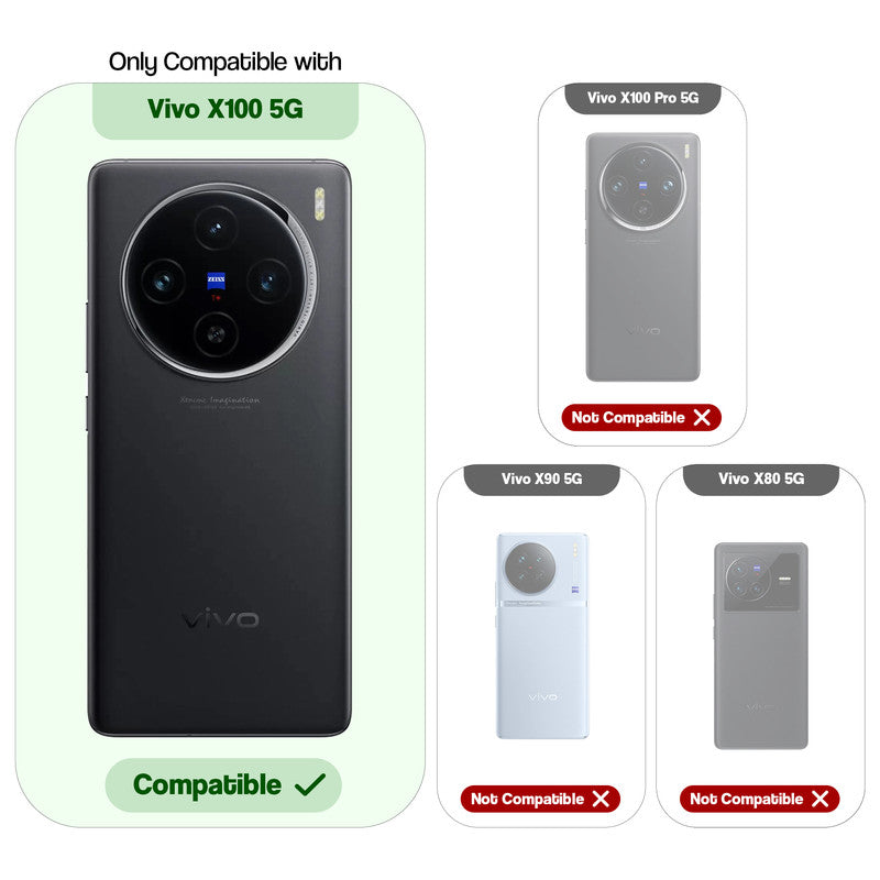 Clear hard back case compatibility guide showing fit for Vivo X100 5G and not compatible with other models
