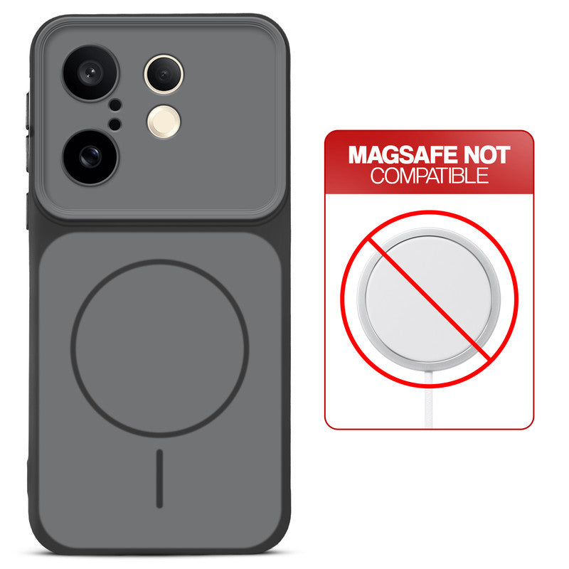 Dual tone silicone Black phone cover for Vivo X200 FE 5G showing wireless charging not supported notice