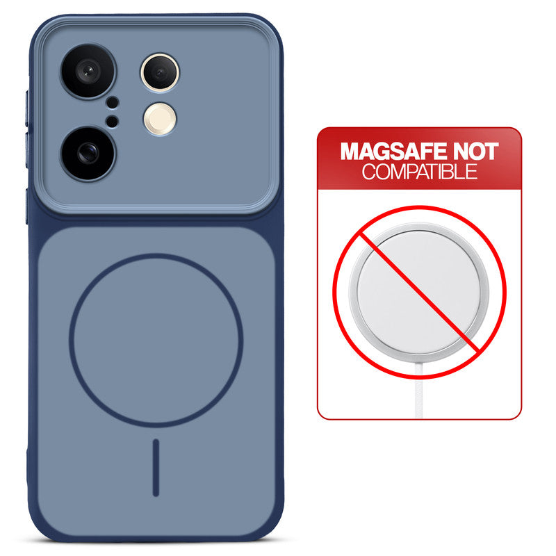 Dual tone silicone Blue phone cover for Vivo X200 FE 5G showing wireless charging not supported notice