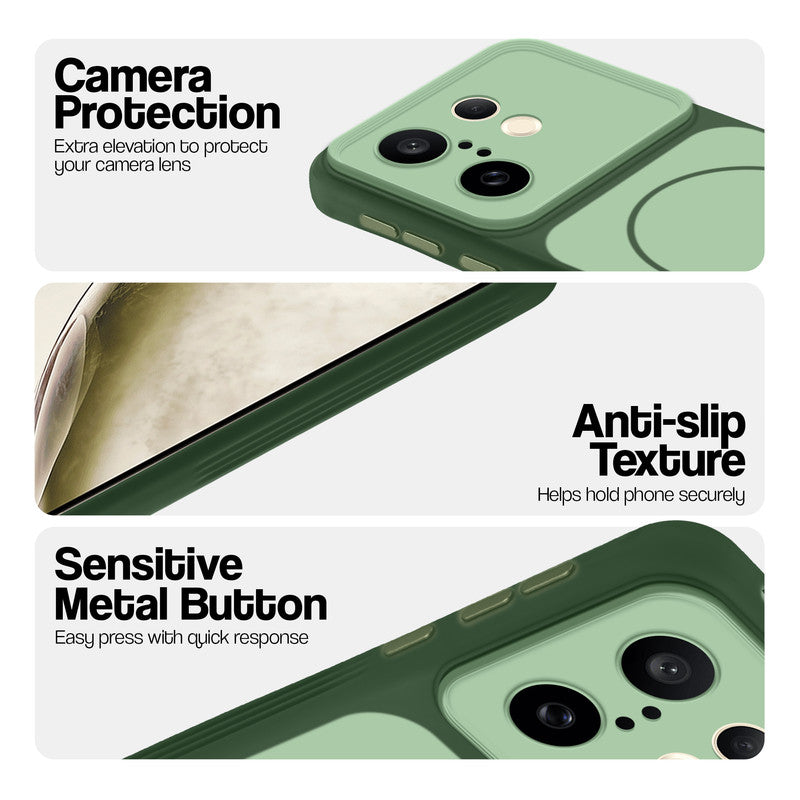 Green Phone case for Vivo X200 FE 5G highlighting raised camera protection, anti-slip texture, and responsive side buttons