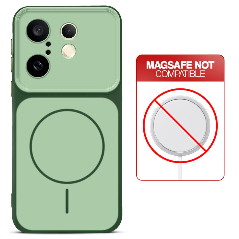 Dual tone silicone Green phone cover for Vivo X200 FE 5G showing wireless charging not supported notice