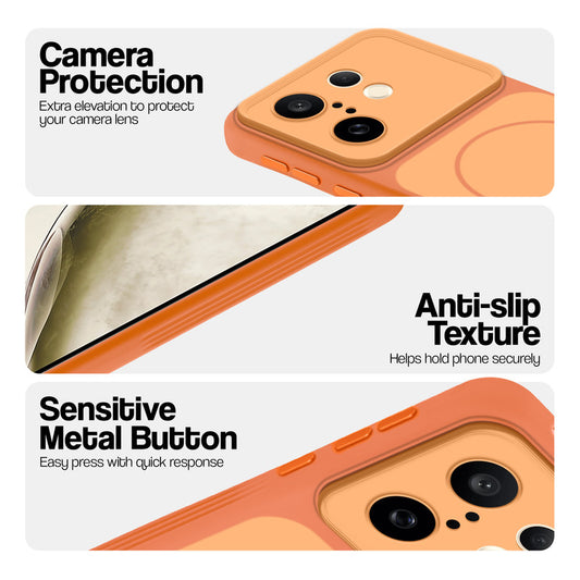 Orange Phone case for Vivo X200 FE 5G highlighting raised camera protection, anti-slip texture, and responsive side buttons