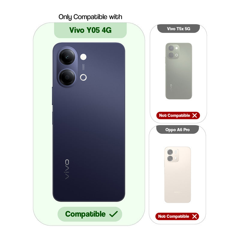 Clear hard back case compatibility guide showing fit for Vivo Y05 4G and not compatible with other models