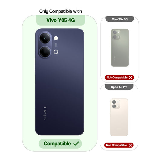Clear hard back case compatibility guide showing fit for Vivo Y05 4G and not compatible with other models