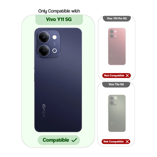 Clear hard back case compatibility guide showing fit for Vivo Y11 5G and not compatible with other models