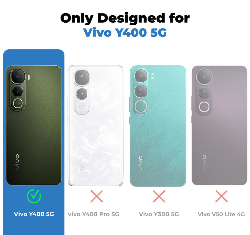 Clear hard back case compatibility guide showing fit for Vivo Y400 5G and not compatible with other models