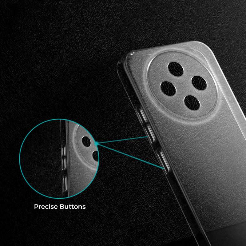 Close-up view of transparent case showing precise button cutouts and responsive side button coverage for Vivo Y500 5G