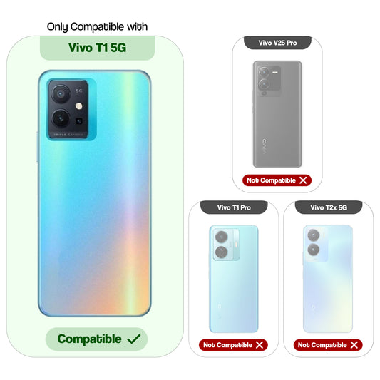 Clear hard back case compatibility guide showing fit for Vivo T1 5G and not compatible with other models