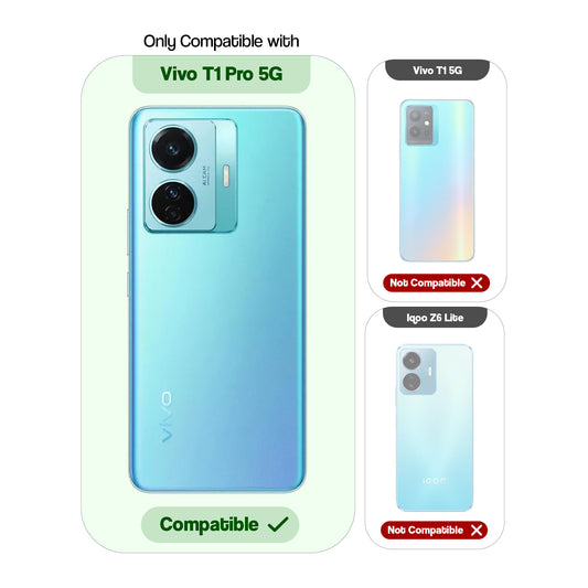 Clear hard back case compatibility guide showing fit for Vivo T1 Pro 5G and not compatible with other models
