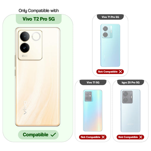 Clear hard back case compatibility guide showing fit for Vivo T2 Pro 5G and not compatible with other models