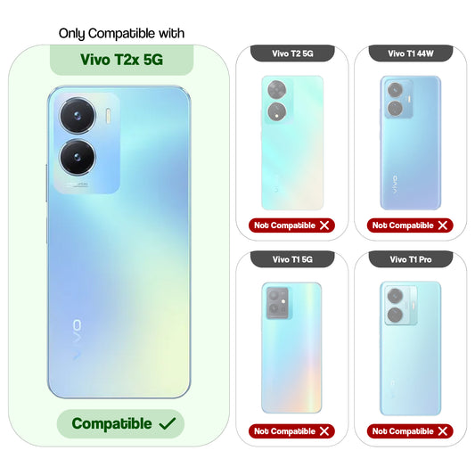 Clear hard back case compatibility guide showing fit for Vivo T2x 5G and not compatible with other models