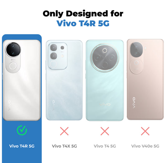 Clear hard back case compatibility guide showing fit for Vivo T4R 5G and not compatible with other models