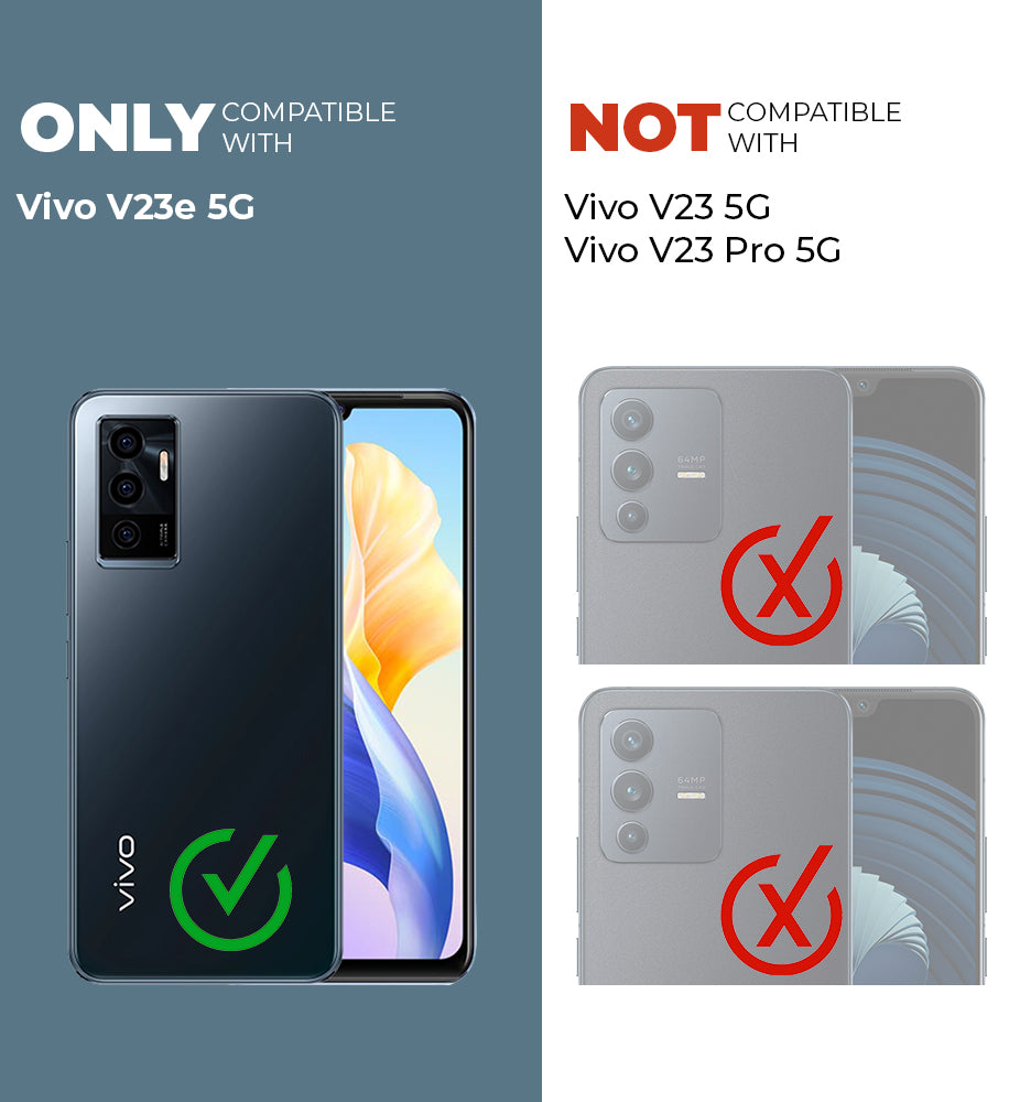 Clear hard back case compatibility guide showing fit for Vivo V23E and not compatible with other models