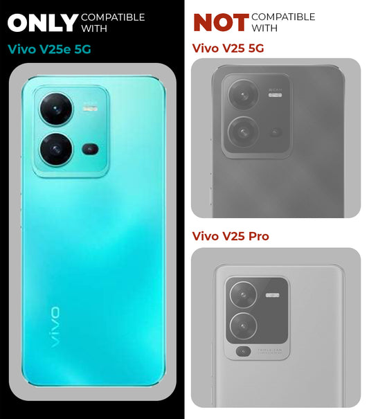 Clear hard back case compatibility guide showing fit for Vivo V25e 5G and not compatible with other models