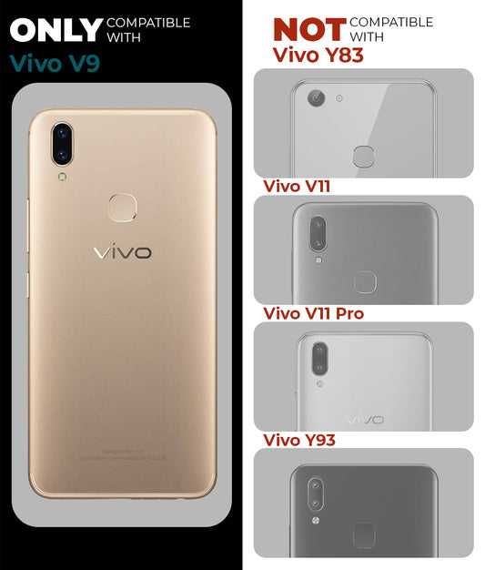 Clear hard back case compatibility guide showing fit for Vivo V9 and not compatible with other models