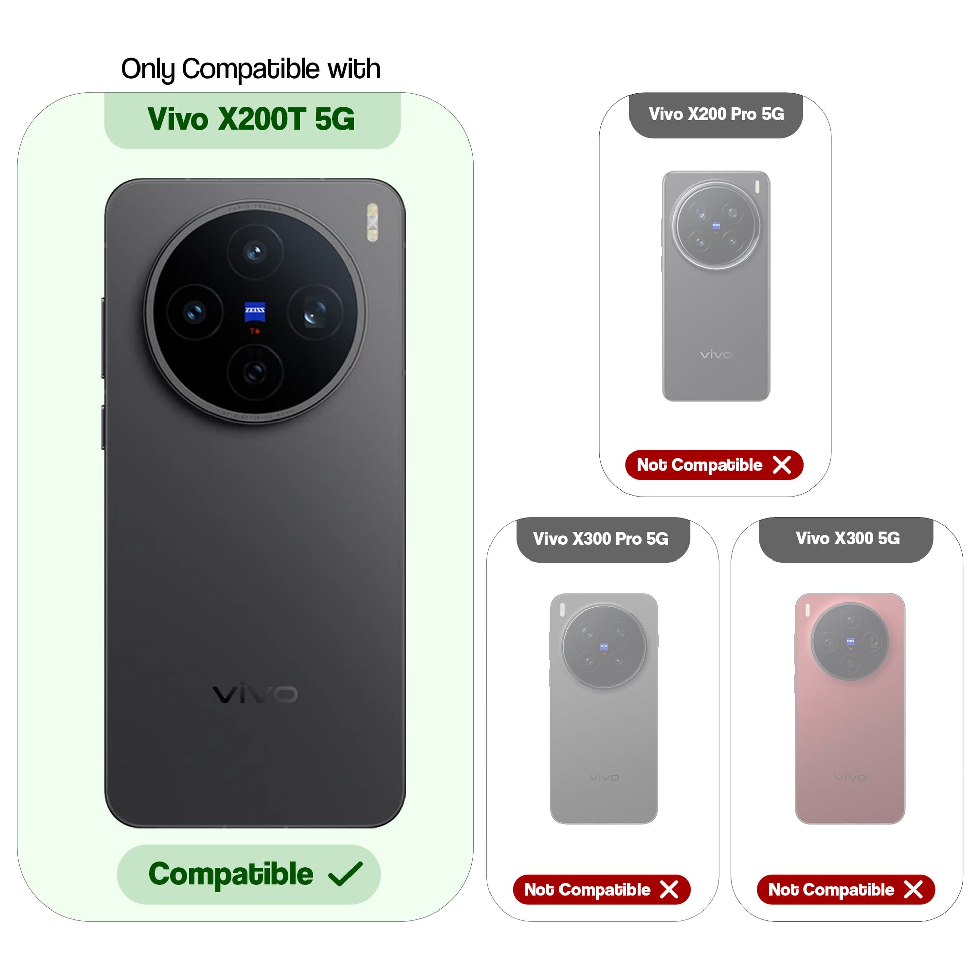 Compatibility guide showing the back cover designed only for Vivo X200T 5G.