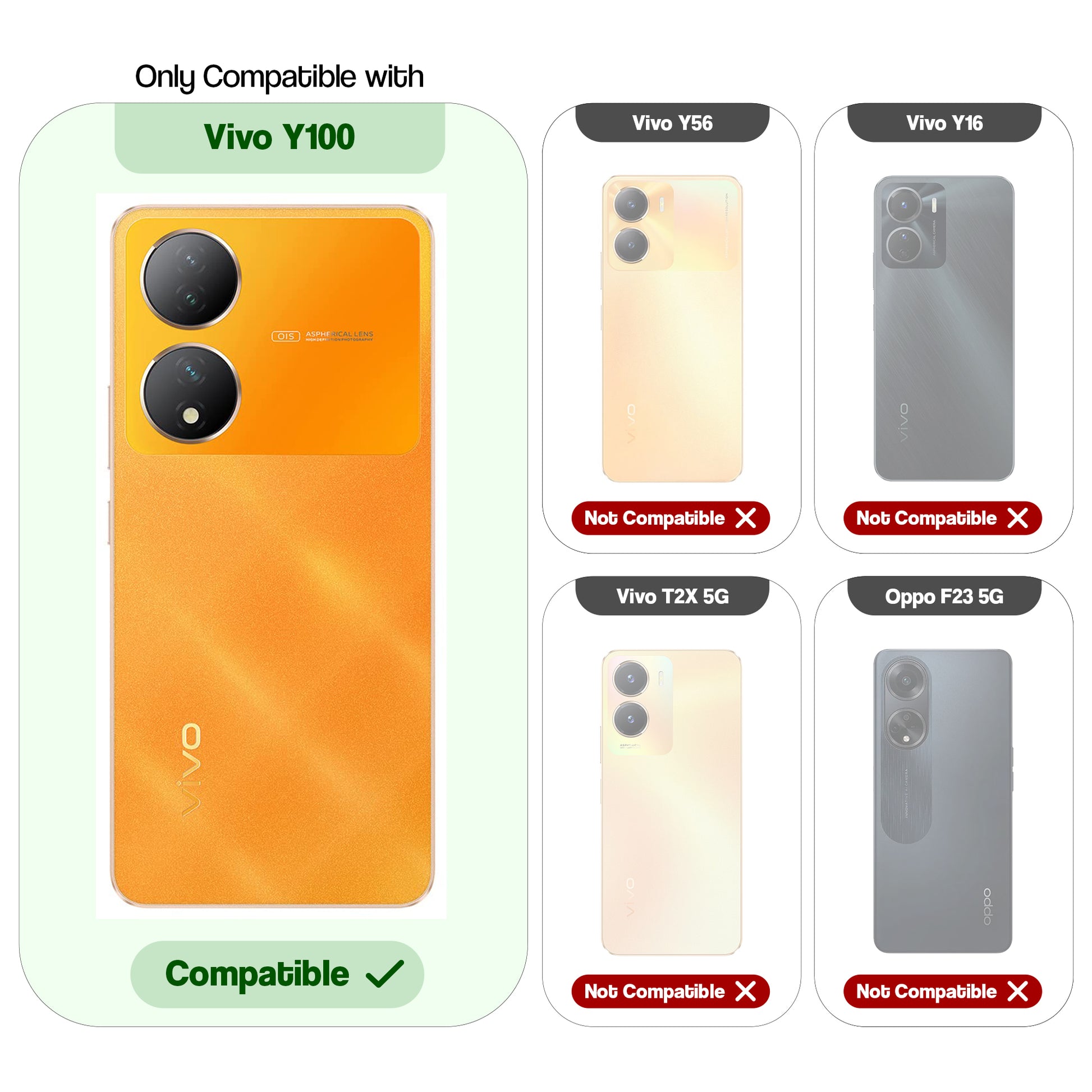 Clear hard back case compatibility guide showing fit for Vivo Y100 and not compatible with other models