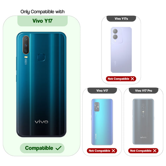 Clear hard back case compatibility guide showing fit for Vivo Y17 and not compatible with other models