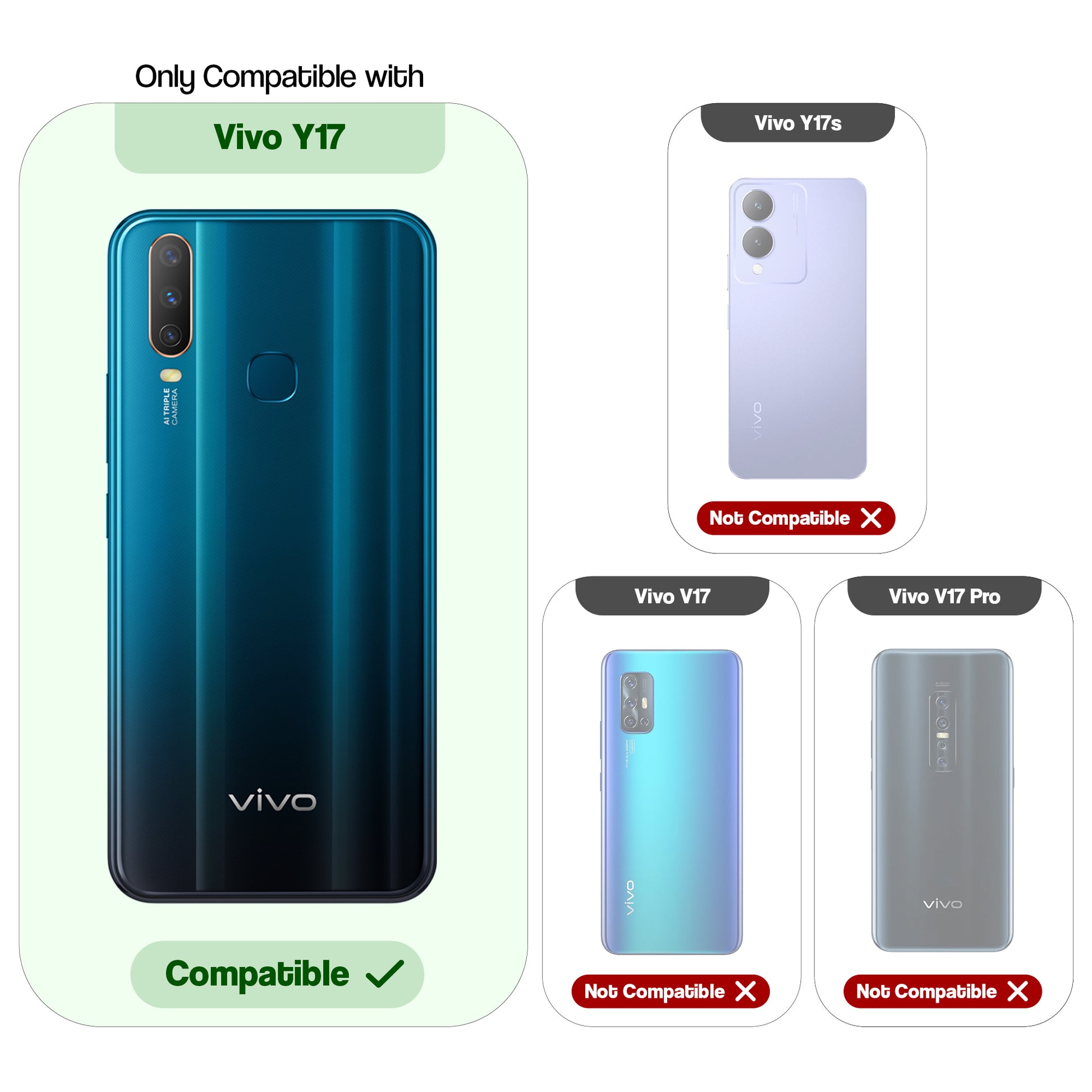 Clear hard back case compatibility guide showing fit for Vivo Y17s and not compatible with other models