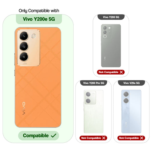 Clear hard back case compatibility guide showing fit for Vivo Y200e 5G and not compatible with other models