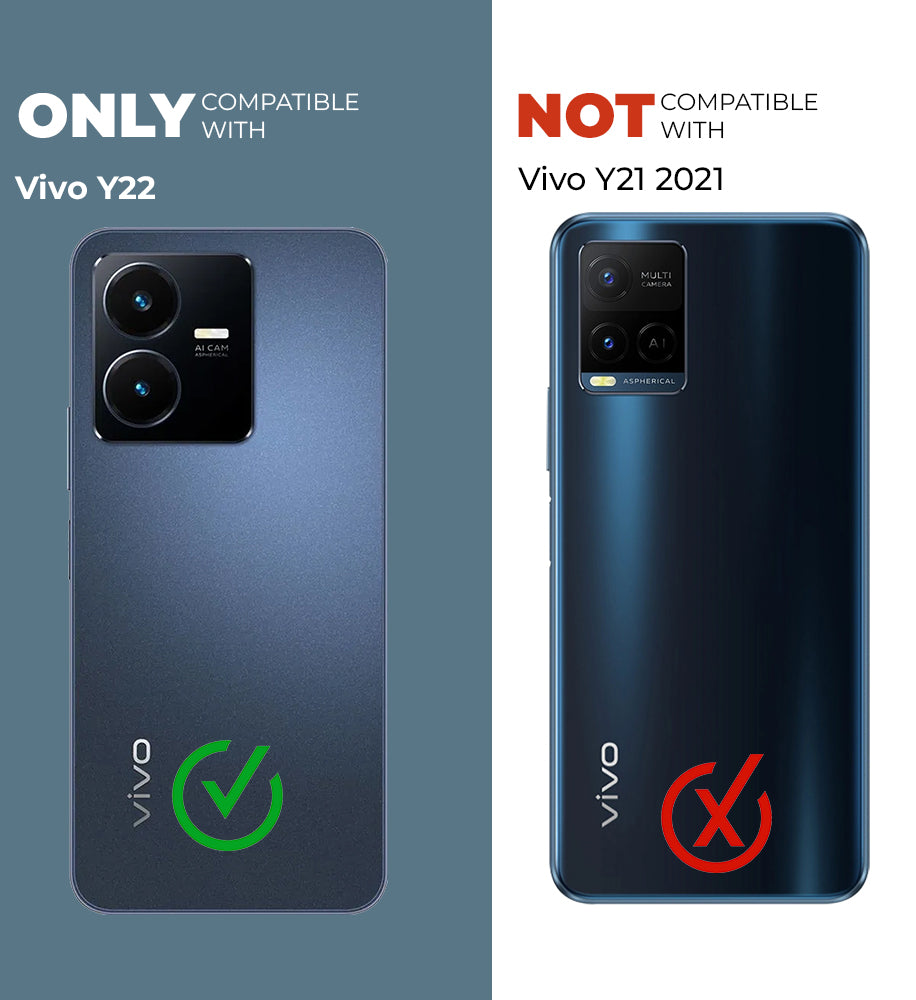 Clear hard back case compatibility guide showing fit for Vivo Y22 and not compatible with other models