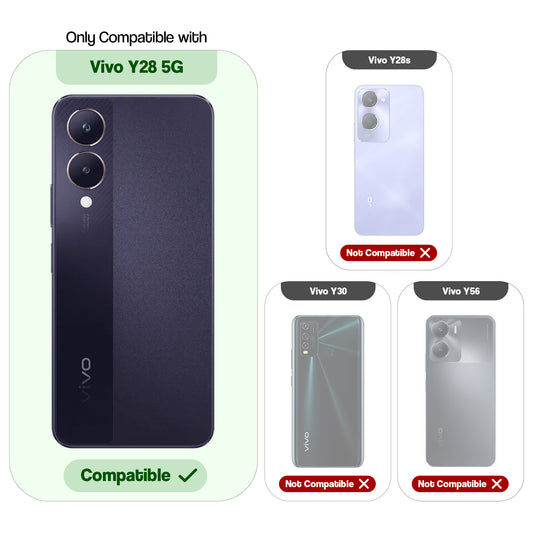 Clear hard back case compatibility guide showing fit for Vivo Y28 5G and not compatible with other models