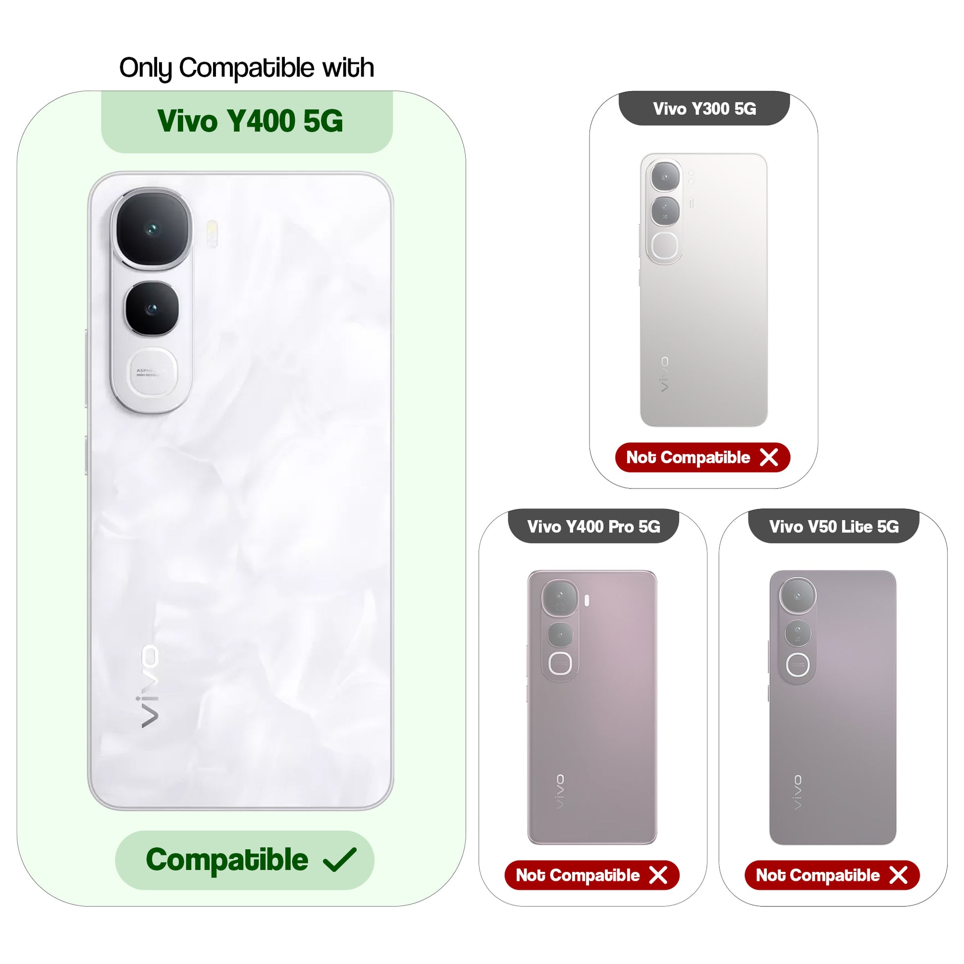 Compatibility guide showing the back cover designed only for Vivo Y400 5G.