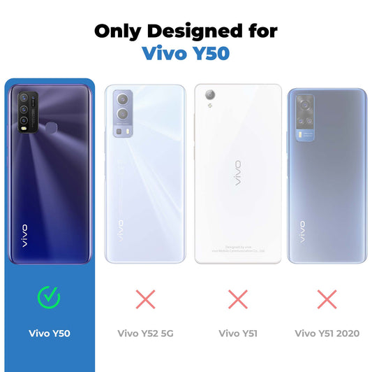 Clear hard back case compatibility guide showing fit for Vivo Y50 and not compatible with other models