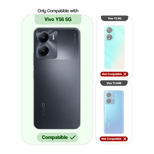 Clear hard back case compatibility guide showing fit for Vivo Y56 5G and not compatible with other models