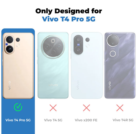 Clear hard back case compatibility guide showing fit for Vivo T4 Pro 5G and not compatible with other models