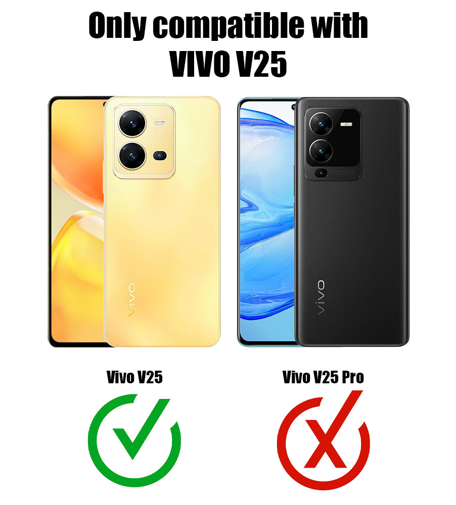Clear hard back case compatibility guide showing fit for Vivo V25 5G and not compatible with other models