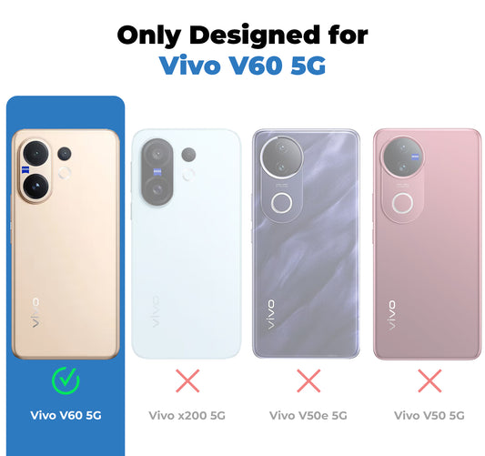 Clear hard back case compatibility guide showing fit for Vivo V60 5G and not compatible with other models