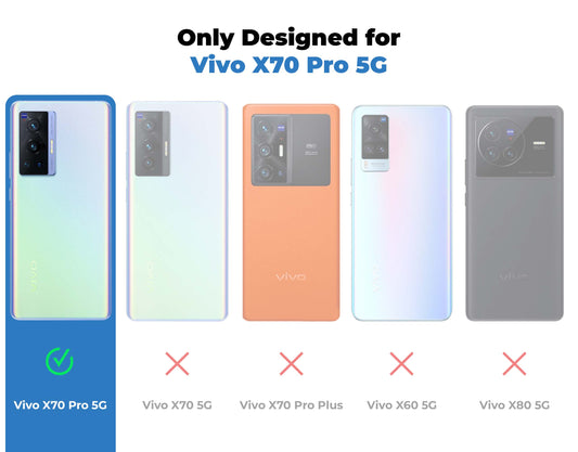 Clear hard back case compatibility guide showing fit for Vivo X70 Pro 5G and not compatible with other models