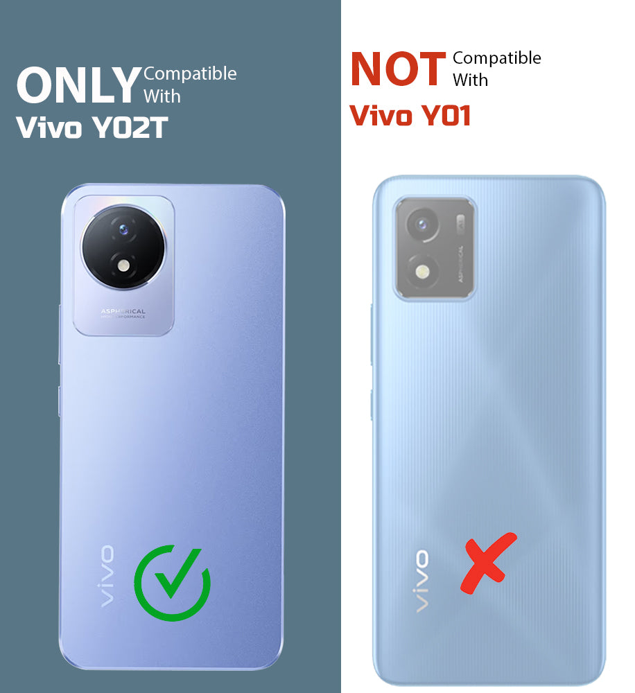Clear hard back case compatibility guide showing fit for Vivo Y02T and not compatible with other models