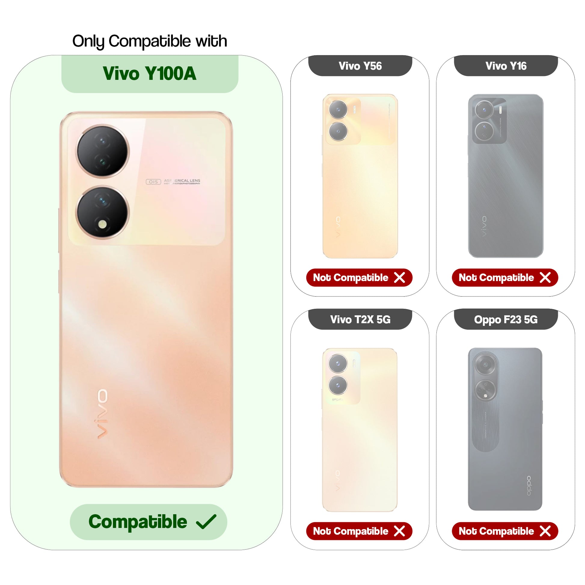 Clear hard back case compatibility guide showing fit for Vivo Y100A 5G and not compatible with other models