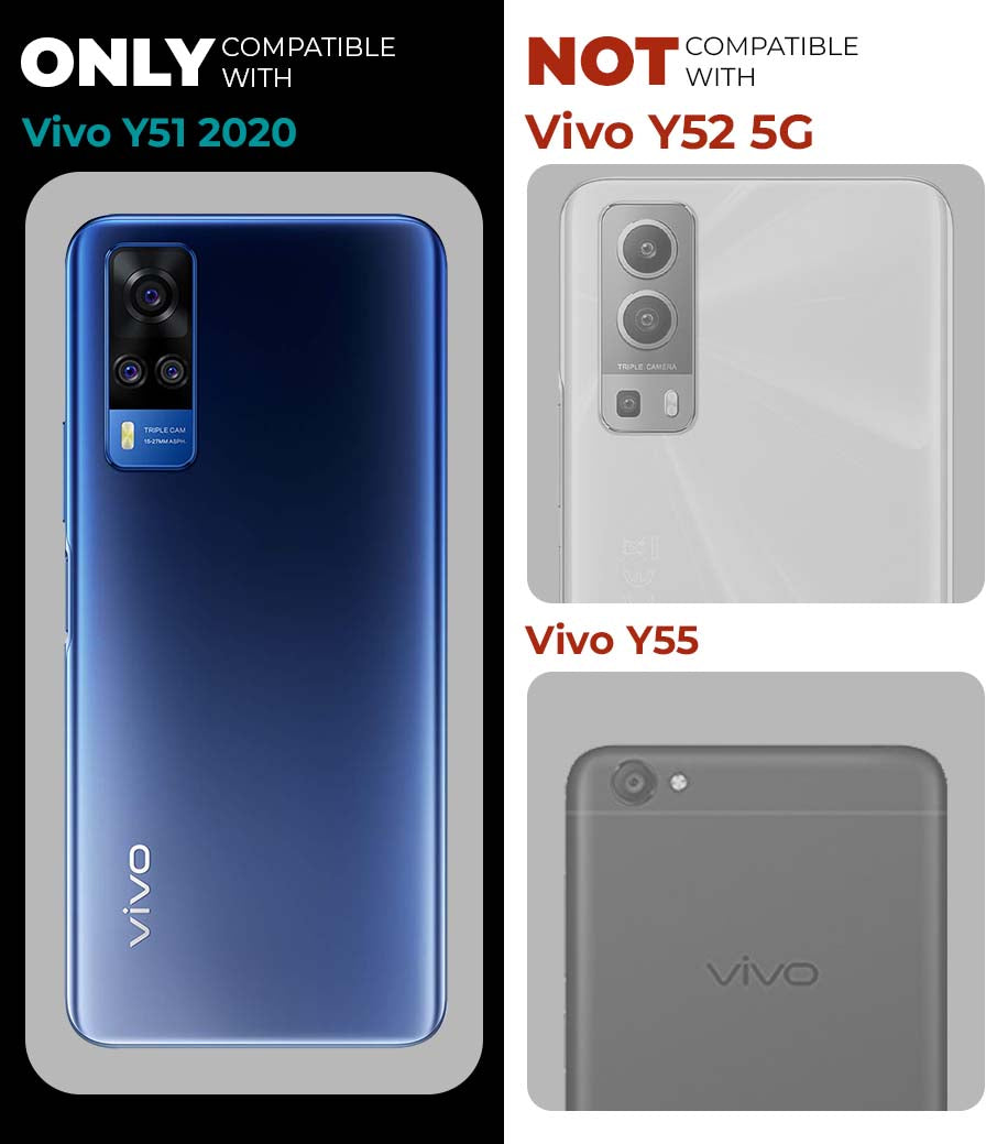 Clear hard back case compatibility guide showing fit for Vivo Y51 2020 and not compatible with other models