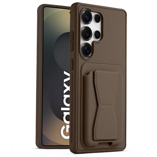 All in One Premium Leather Back Cover for Samsung S25 Ultra 5G with Card Slot & Foldable Grip Holder