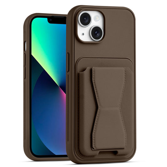 All in One Premium Leather Back Cover for Apple iPhone 13 with Card Slot & Foldable Grip Holder