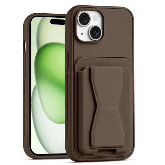 All in One Premium Leather Back Cover for Apple iPhone 15 Plus with Card Slot & Foldable Grip Holder