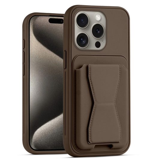 All in One Premium Leather Back Cover for Apple iPhone 15 Pro Max with Card Slot & Foldable Grip Holder