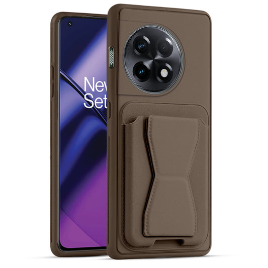 All in One Premium Leather Back Cover for OnePlus 11R 5G with Card Slot & Foldable Grip Holder