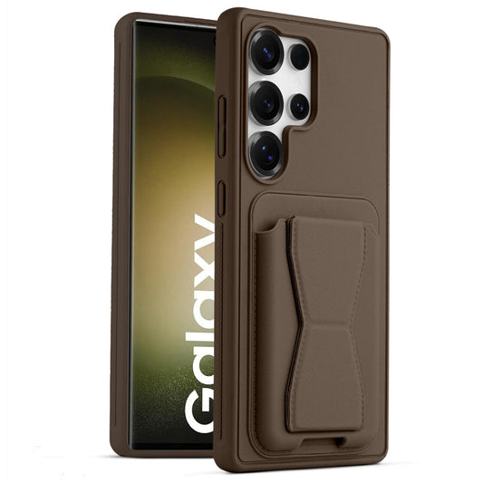 All in One Premium Leather Back Cover for Samsung S23 Ultra 5G with Card Slot & Foldable Grip Holder