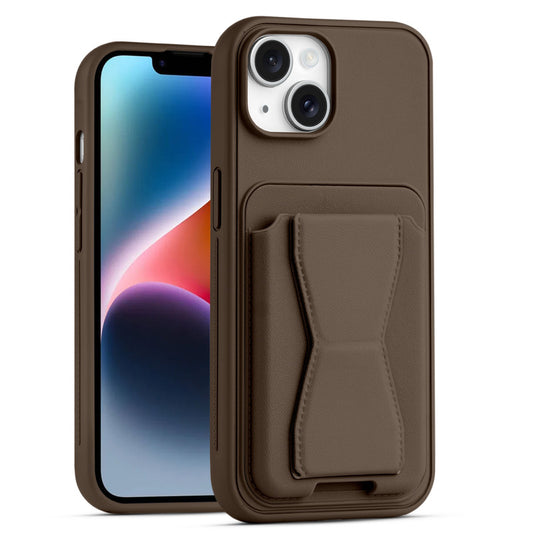 All in One Premium Leather Back Cover for Apple iPhone 14 with Card Slot & Foldable Grip Holder