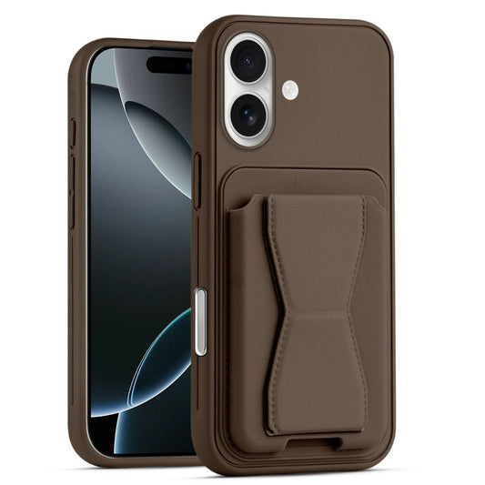 All in One Premium Leather Back Cover for Apple iPhone 16 with Card Slot & Foldable Grip Holder