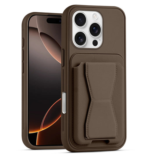All in One Premium Leather Back Cover for Apple iPhone 16 Pro with Card Slot & Foldable Grip Holder