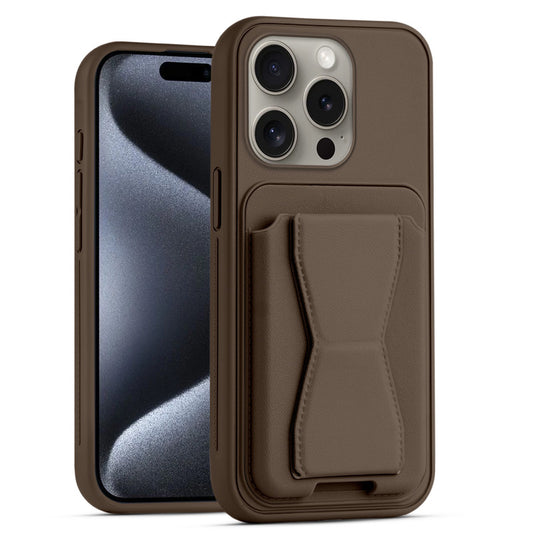 All in One Premium Leather Back Cover for Apple iPhone 15 Pro with Card Slot & Foldable Grip Holder