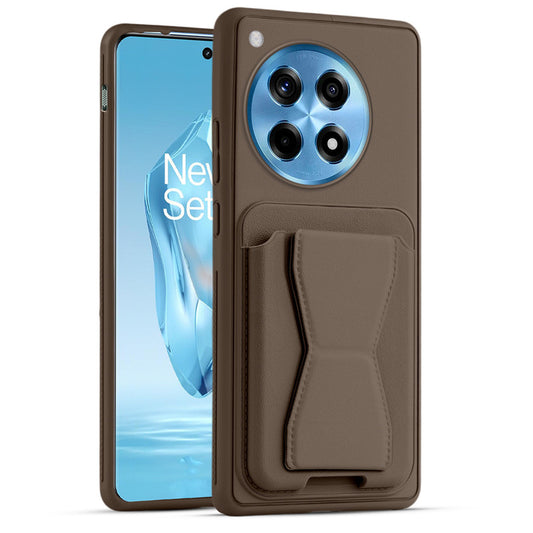 All in One Premium Leather Back Cover for OnePlus 12R 5G with Card Slot & Foldable Grip Holder